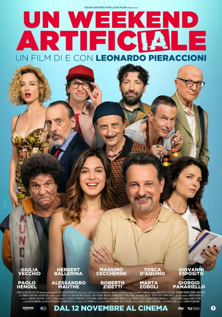 Poster del film Un weekend artificiale con Leonardo Pieraccioni e il cast corale su sfondo azzurro