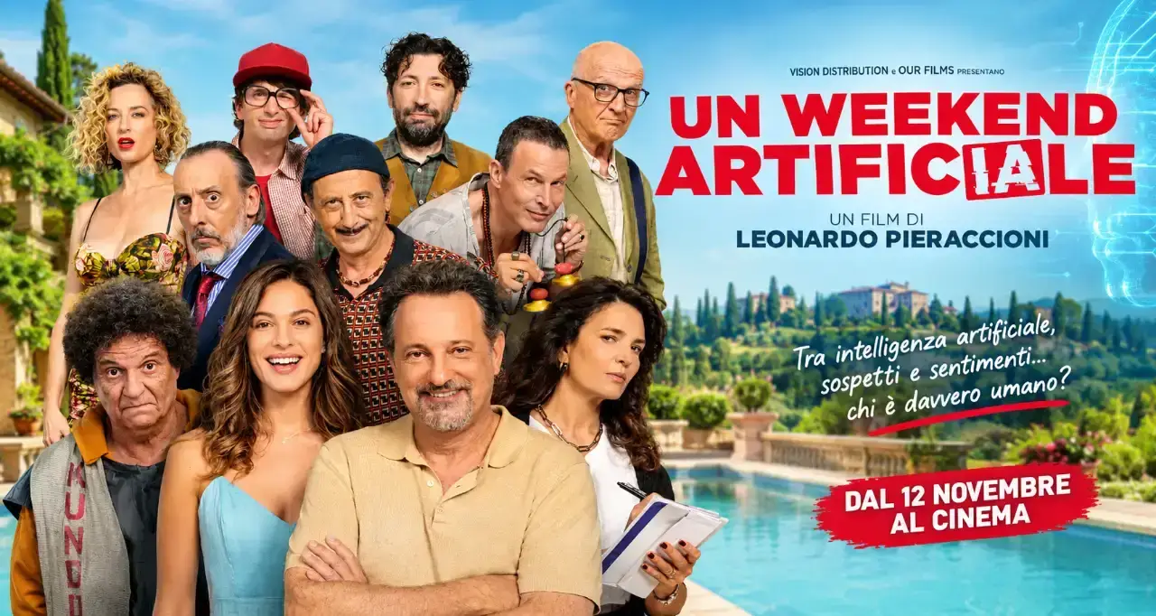 Locandina del film Un weekend artificiale di Leonardo Pieraccioni con il cast principale davanti a una piscina in Toscana