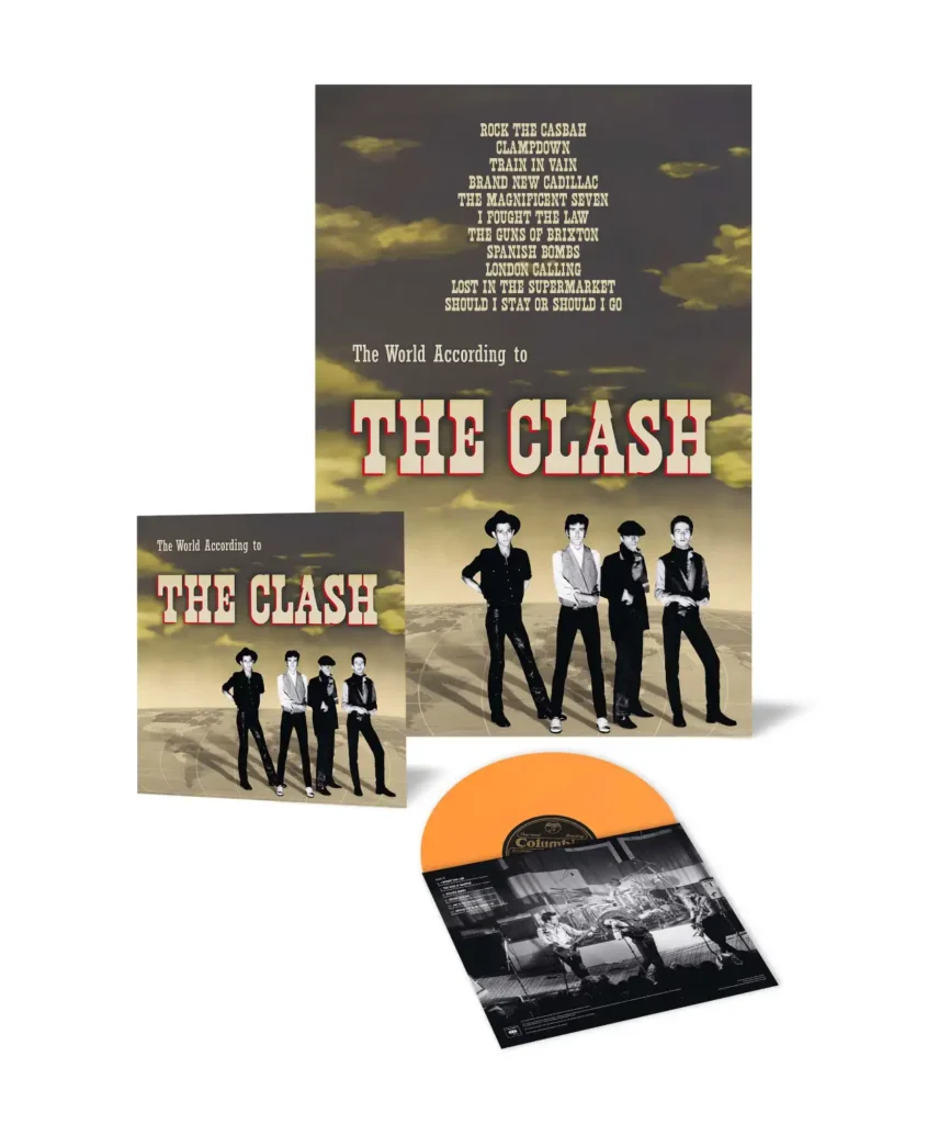 Il cofanetto The World According to The Clash con vinile arancione, copertina e poster con la band e la tracklist dell'album