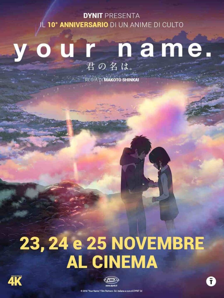 Locandina di Your Name con sfondo rosa-viola di nuvole e tramonto, i due protagonisti in silhouette che si tengono per mano