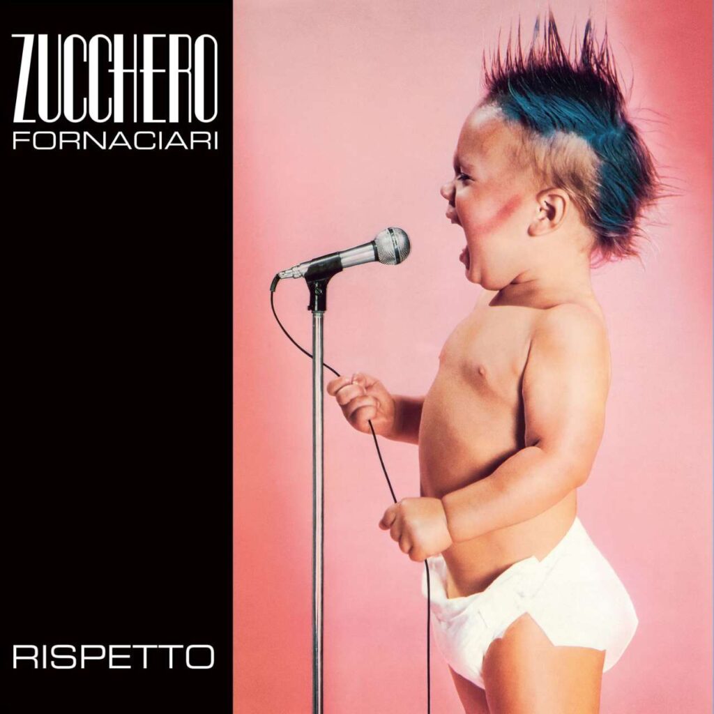 Copertina dell'album Rispetto di Zucchero Fornaciari con un bambino in pannolino che canta in un microfono su sfondo rosa