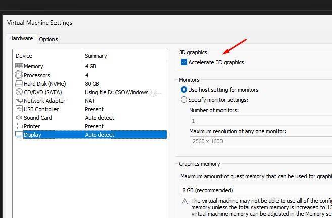 Finestra delle impostazioni di VirtualBox/VMware con la voce "3D graphics" evidenziata e l'opzione "Accelerate 3D graphics"