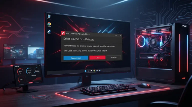 Postazione desktop gaming con monitor centrale che mostra la finestra di errore "Driver Timeout Error Detected" e la scritta