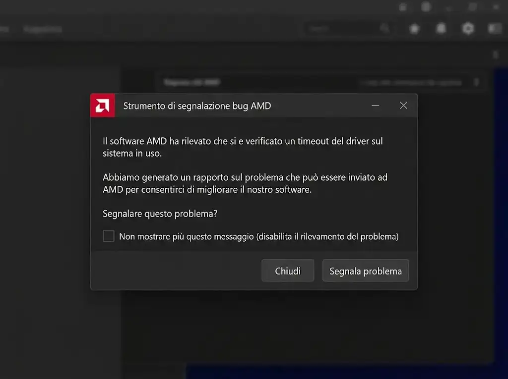 Finestra di dialogo "Strumento di segnalazione bug AMD" con testo che indica "Il software AMD ha rilevato che si è