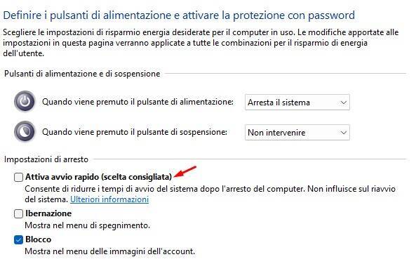 Schermata Pannello di Controllo Windows con opzioni Risparmio energia, elenco pulsanti di alimentazione e caselle per Attiva