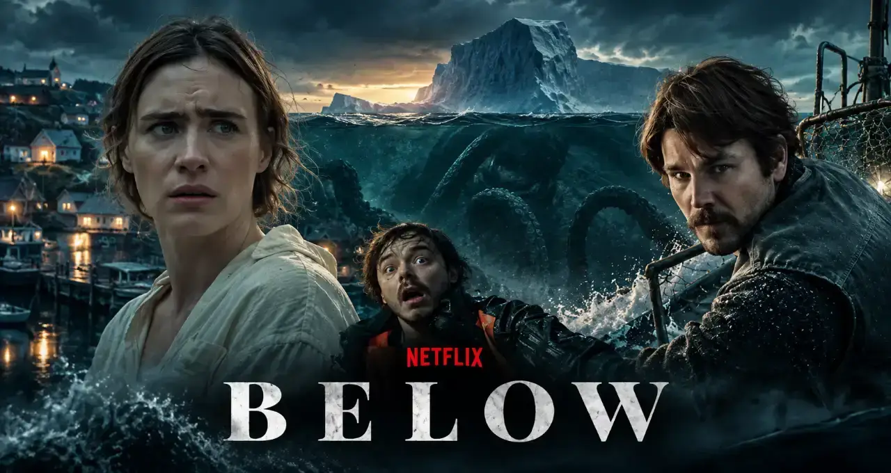 Tre personaggi bagnati su una barca in mare agitato con un enorme mostro tentacolare sullo sfondo, scritta rossa Netflix e