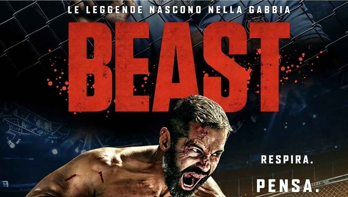 Locandina del film Beast con Russell Crowe che urla ferito in una gabbia da MMA, con il titolo in rosso su sfondo scuro