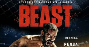Locandina del film Beast con Russell Crowe che urla ferito in una gabbia da MMA, con il titolo in rosso su sfondo scuro