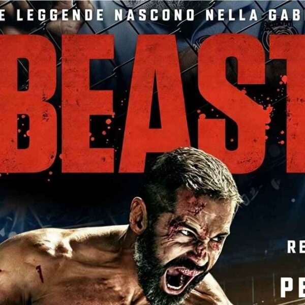 Locandina del film Beast con Russell Crowe che urla ferito in una gabbia da MMA, con il titolo in rosso su sfondo scuro