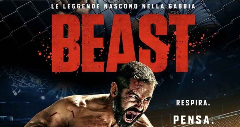 Locandina del film Beast con Russell Crowe che urla ferito in una gabbia da MMA, con il titolo in rosso su sfondo scuro