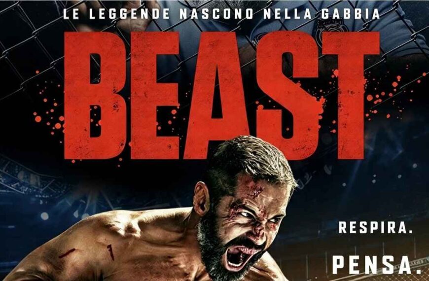 Locandina del film Beast con Russell Crowe che urla ferito in una gabbia da MMA, con il titolo in rosso su sfondo scuro