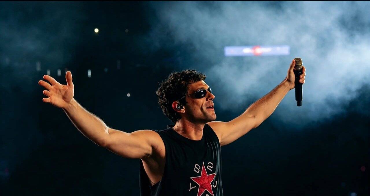 Il cantante Bresh con occhiali da sole e canotta nera con stella rossa canta sul palco con le braccia aperte