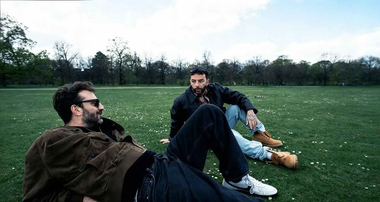 Cesare Cremonini e Salmo seduti sull'erba in un parco per la collaborazione Amateur, vestiti in stile casual e moderno