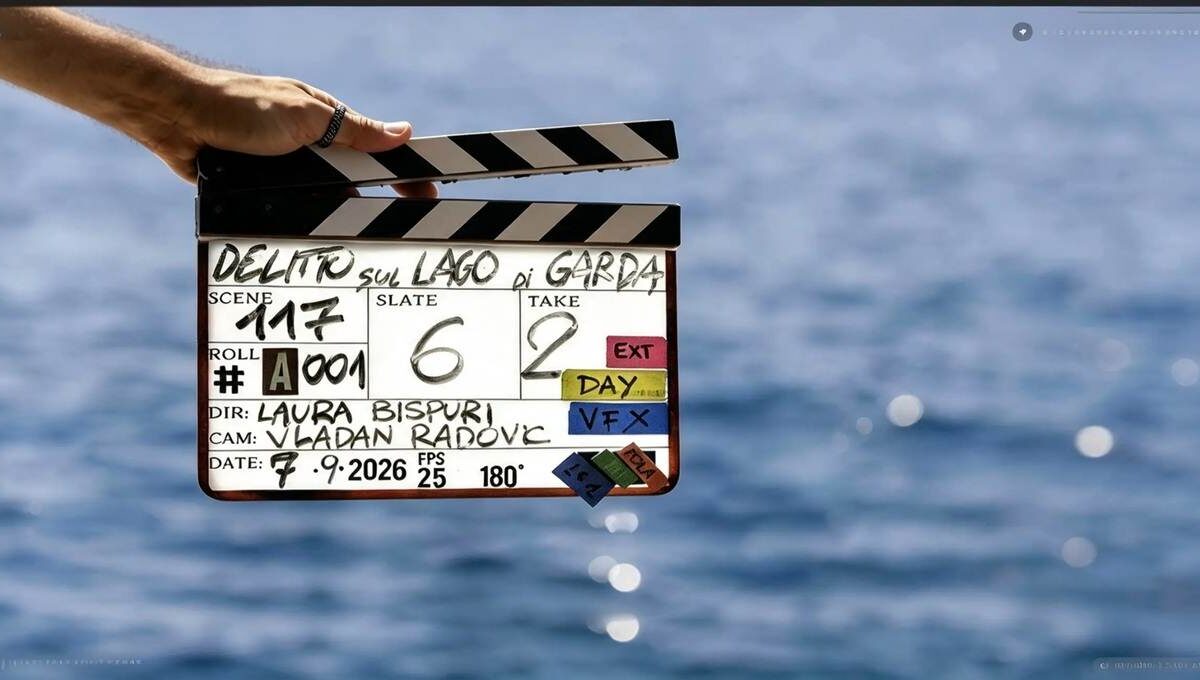 Ciak della serie originale Disney+ Delitto sul Lago di Garda tenuto da una mano davanti alle acque blu del lago
