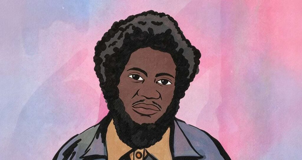 Ritratto illustrato di Michael Kiwanuka con giacca azzurra e camicia beige su sfondo sfumato rosa e azzurro
