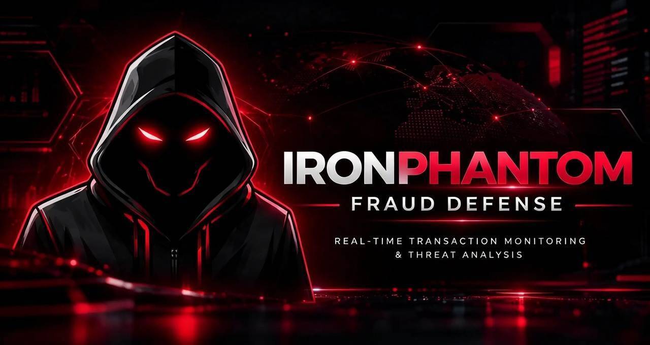 Volto minaccioso stilizzato con cappuccio nero e occhi rossi luminosi a sinistra, a destra il titolo IRONPHANTOM FRAUD