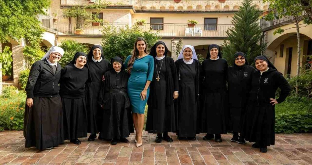Mariana D'Amico sorride in posa insieme a un gruppo di suore in abito nero nel cortile di un convento