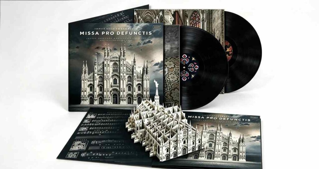 Copertina e vinili del disco Missa pro Defunctis con illustrazione del Duomo stilizzato, libretto e un pop-up