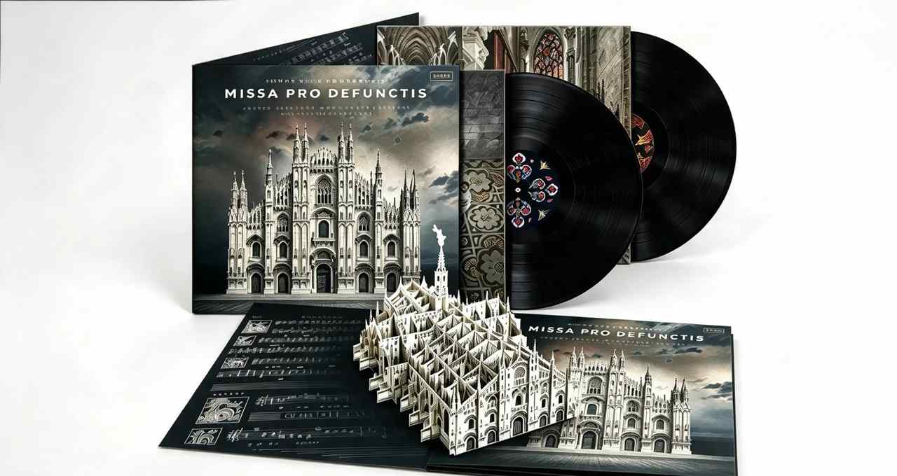 Copertina e vinili del disco Missa pro Defunctis con illustrazione del Duomo stilizzato, libretto e un pop-up