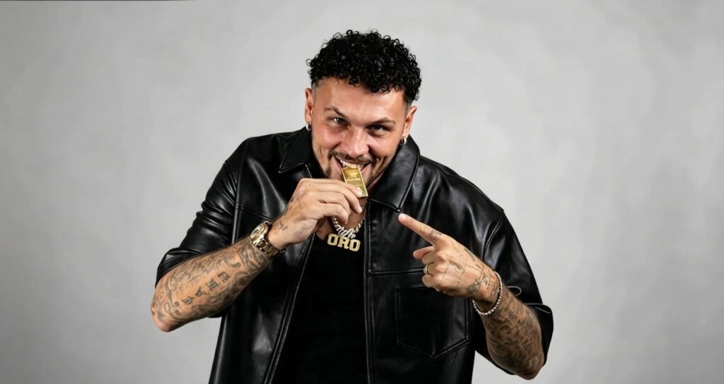 Mr. Oro sorride mordendo un lingotto d'oro, indossando una giacca di pelle nera e una collana con la scritta ORO su DMAX
