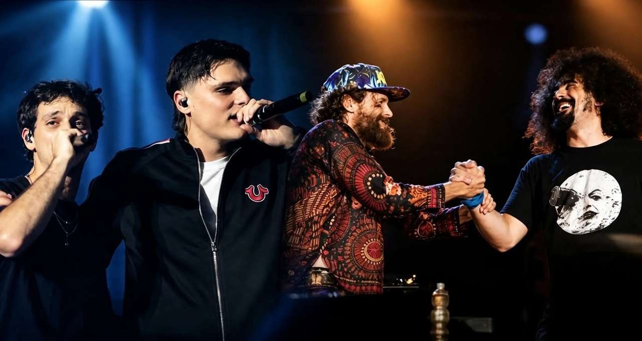 Quattro musicisti sul palco, tra cui il rapper Geolier, si esibiscono cantando e stringendosi la mano durante un concerto
