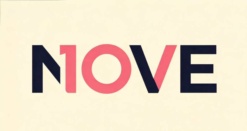 Logo celebrativo per i 10 anni di Nove con la scritta MOVE in cui la M e la E sono blu scuro e il numero 10 rosa al centro