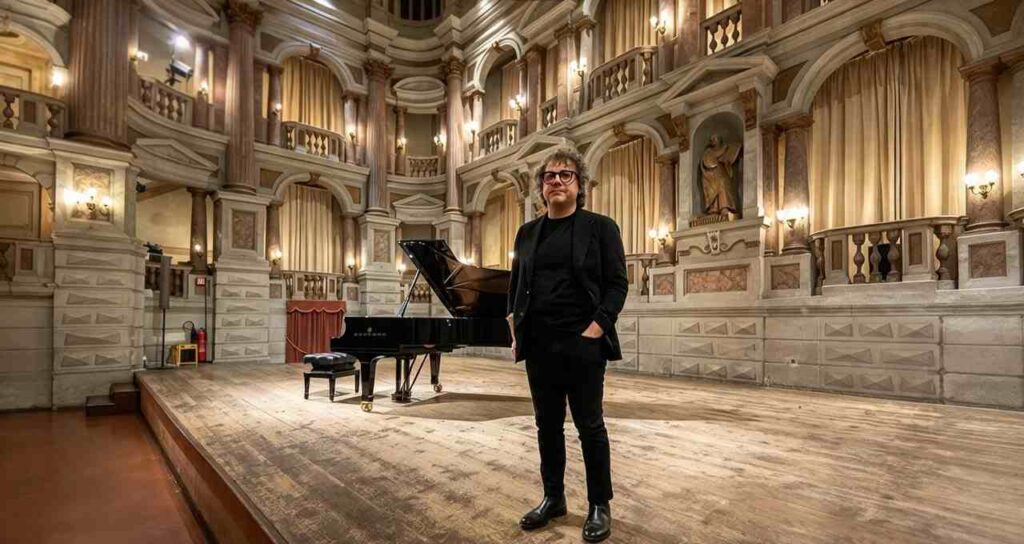 Il compositore Remo Anzovino in piedi sul palco di un teatro storico accanto a un pianoforte a coda per l'album Monet
