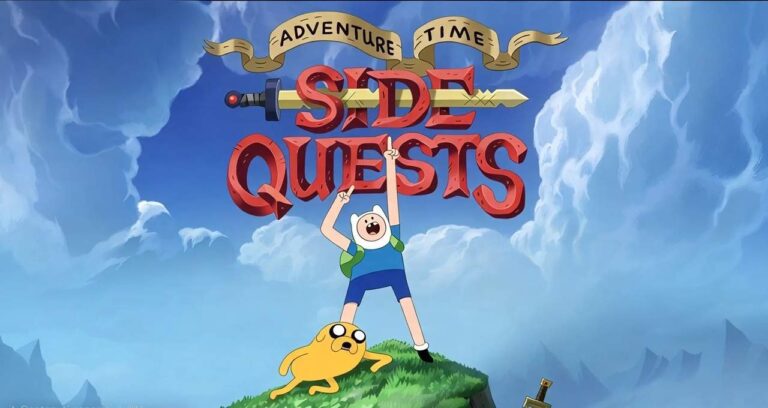 Finn e Jake di Adventure Time: Missioni Leggendarie su una collina sotto un cielo azzurro con il titolo del gioco in primo