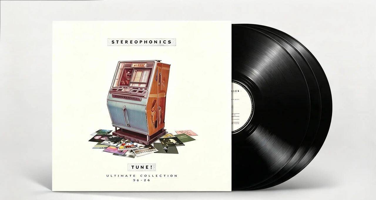 Copertina del vinile Stereophonics Tune! Ultimate Collection 96-26 con un jukebox circondato da dischi su sfondo bianco