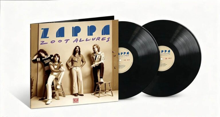 Copertina dell'album Zoot Allures di Frank Zappa con quattro musicisti in posa su sfondo beige e due vinili neri visibili a