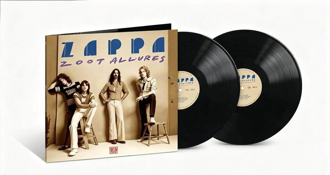 Copertina dell'album Zoot Allures di Frank Zappa con quattro musicisti in posa su sfondo beige e due vinili neri visibili a