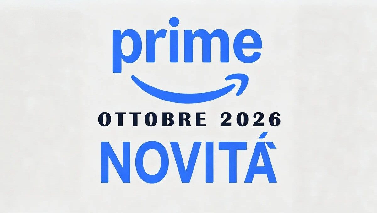 Logo blu di Prime Video con la scritta Ottobre 2026 Novità su sfondo chiaro per l'articolo sulle novità Prime Video
