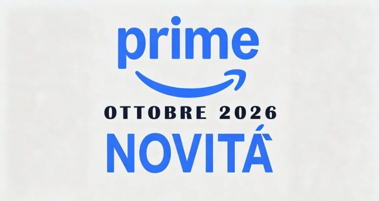Logo blu di Prime Video con la scritta Ottobre 2026 Novità su sfondo chiaro per l'articolo sulle novità Prime Video