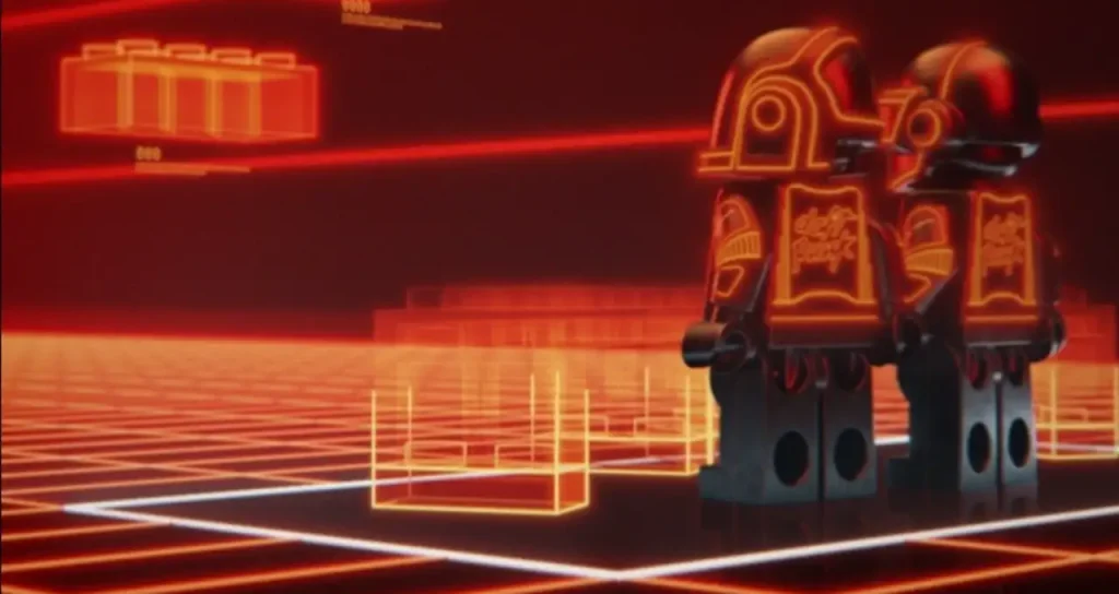 Due minifigure LEGO che richiamano i caschi di Daft Punk in luce rossa/arancione su una griglia digitale, con contorni neon