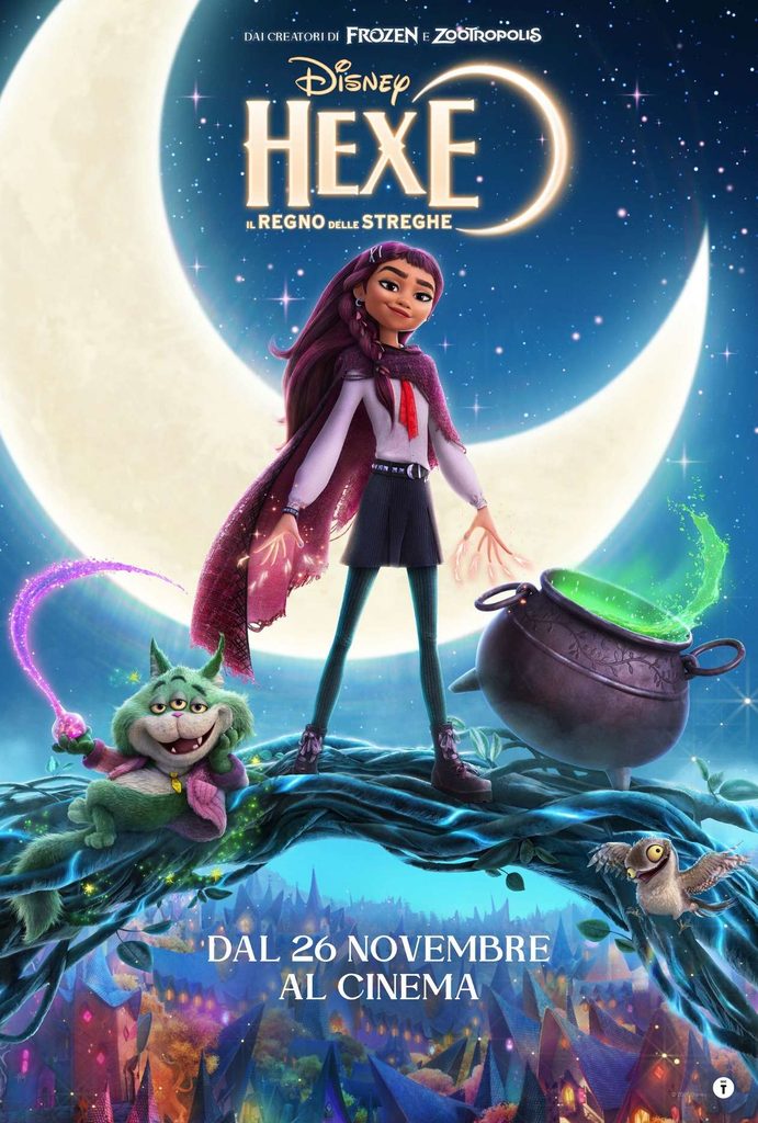 Locandina di Disney Hexe: ragazza con mantello viola in piedi su un ramo sotto una luna gigante, calderone fumante verde e