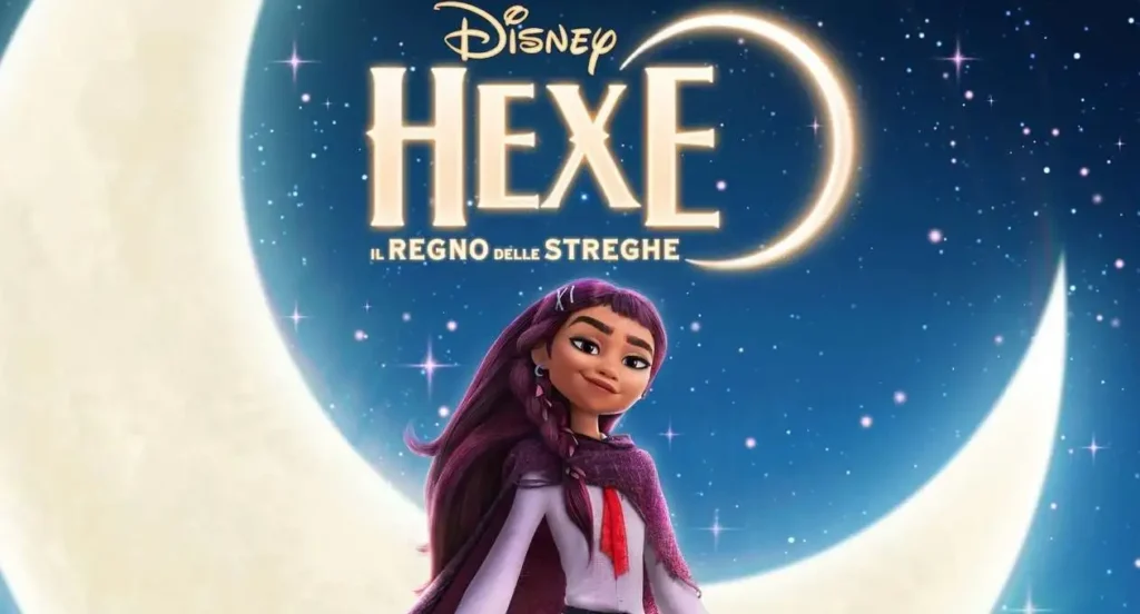 Locandina con logo Disney HEXE sopra la luna a mezzaluna e protagonista dai capelli viola scuro in mantello viola e uniforme