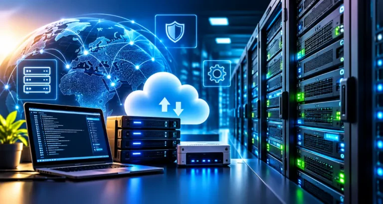 Rack di server con luci verdi e blu in un data center, laptop con codice sullo schermo, icone cloud e mappa del mondo sullo