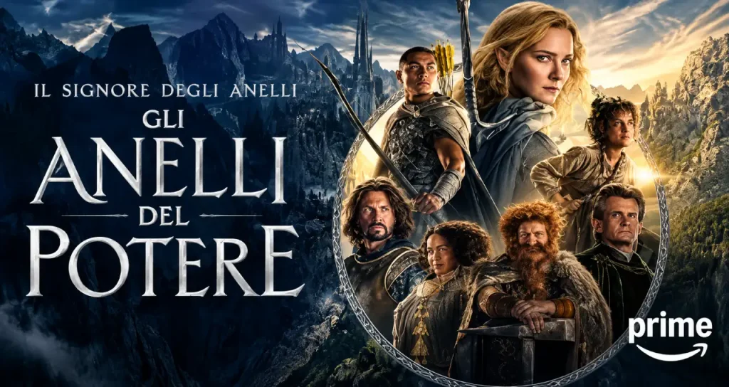 Locandina con il titolo "Il Signore degli Anelli: Gli Anelli del Potere", gruppo di protagonisti in armature e armi su