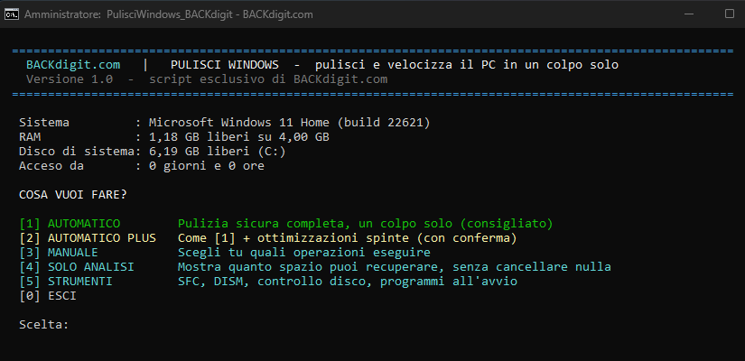 Interfaccia a riga di comando dello script PulisciWindows di BACKdigit per pulire e velocizzare Windows con opzioni di