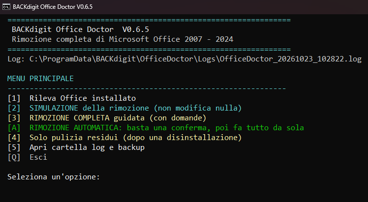 Schermata scura dell'interfaccia BACKdigit Office Doctor con elenco opzioni numerate in verde e bianco per rimozione Office