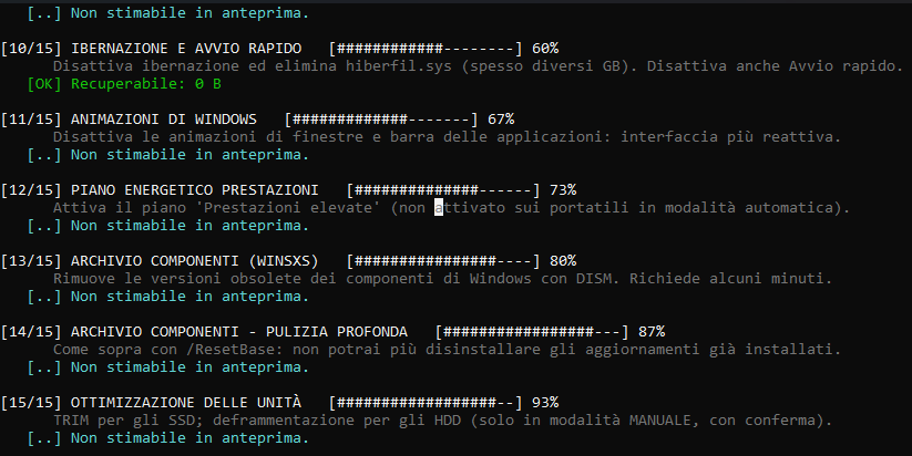 Interfaccia a riga di comando dello script PulisciWindows BACKdigit che mostra l'avanzamento delle operazioni di