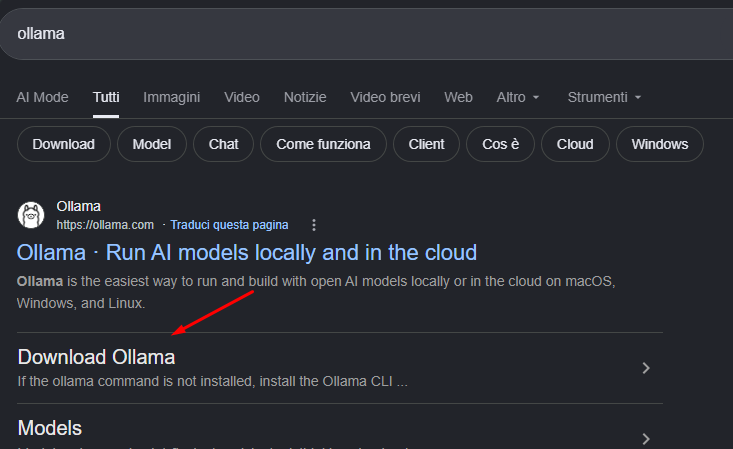 Schermata scura del sito ollama.com con barra di ricerca, risultati evidenziati e voci come "Ollama - Run AI models locally
