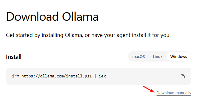 Finestra di download di Ollama con testo "Download Ollama", tab Windows selezionato, comando PowerShell visibile e link