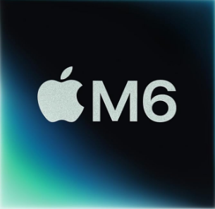 Logo Apple bianco accanto a grande scritta M6 su sfondo sfumato nero e verde acqua, effetto luce al bordo