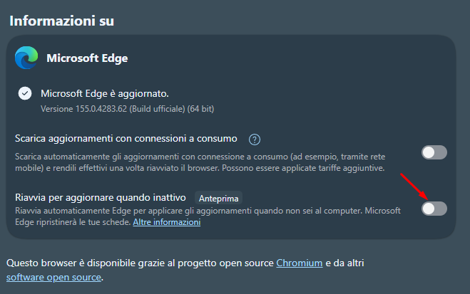 Finestra Impostazioni di Microsoft Edge su sfondo scuro con sezione "Informazioni su Microsoft Edge", versione mostrata e