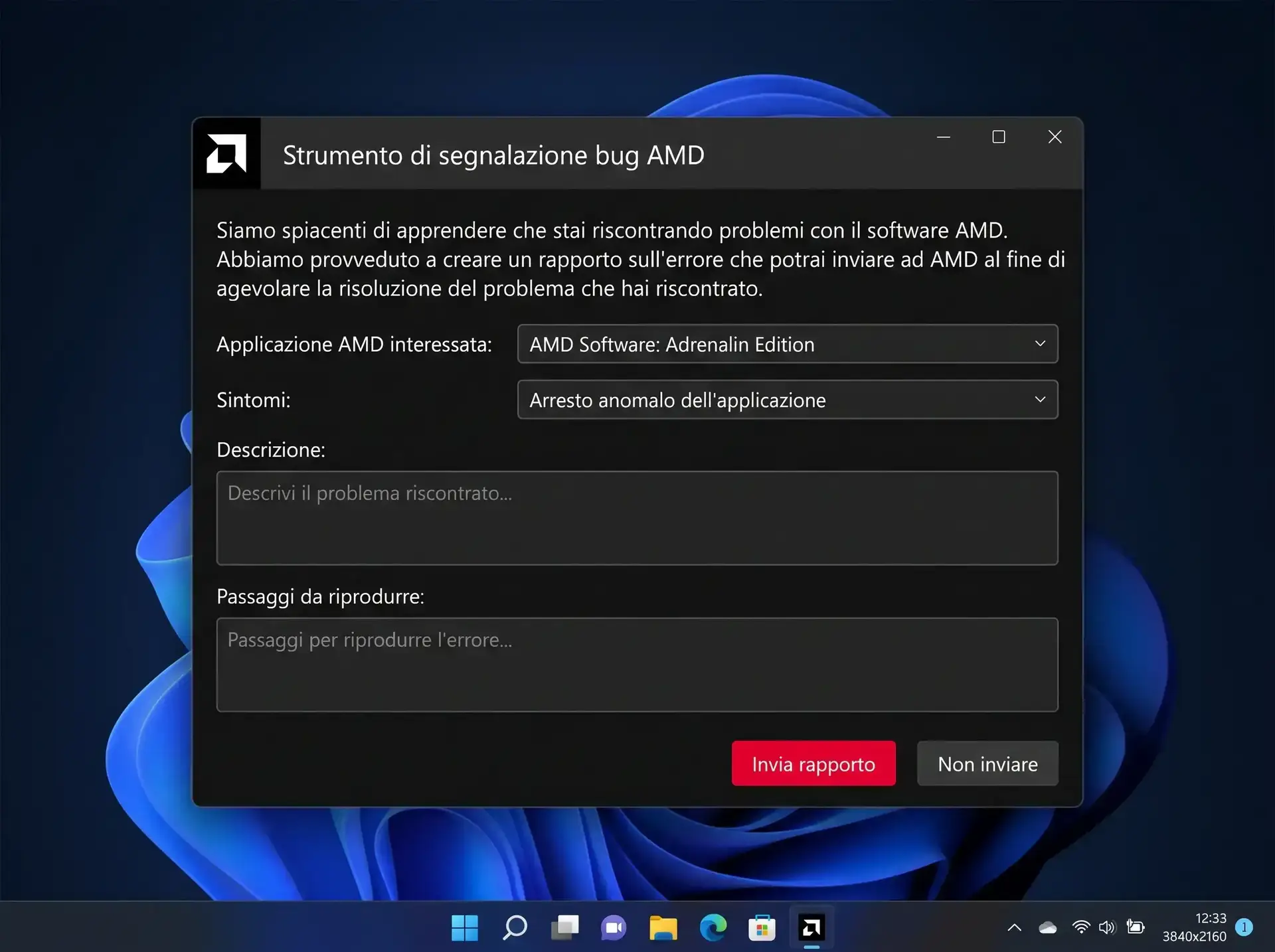 Finestra nera "Strumento di segnalazione bug AMD" su desktop Windows con menu a tendina "Applicazione AMD interessata: AMD