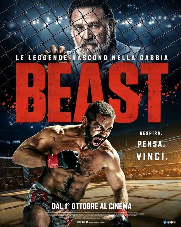 Locandina del film Beast con Russell Crowe dietro una rete metallica e un lottatore di MMA che urla in primo piano