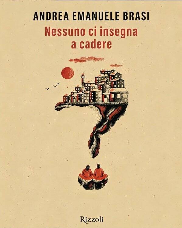 Copertina del romanzo Nessuno ci insegna a cadere di Bresh, con un'illustrazione di una città sospesa a forma di punto