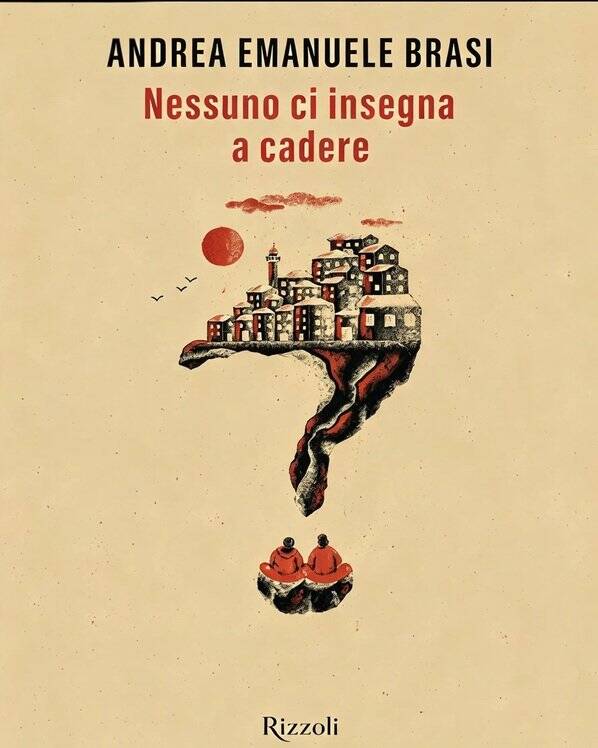 Copertina del romanzo Nessuno ci insegna a cadere di Bresh con un villaggio sospeso a forma di punto interrogativo