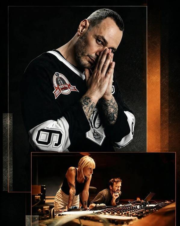 Fabri Fibra in primo piano e, sotto, Malika Ayane con un produttore in studio di registrazione per il disco Amateur di
